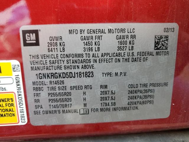 1GNKRGKD5DJ181823 - 2013 CHEVROLET TRAVERSE LT RED photo 13