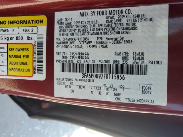 3FA6P0K97FR115856 - 2015 FORD FUSION TITANIUM BURGUNDY photo 12