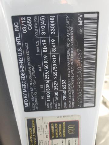 4JGDA5HB3CA059667 - 2012 MERCEDES-BENZ ML 350 4MATIC WHITE photo 13