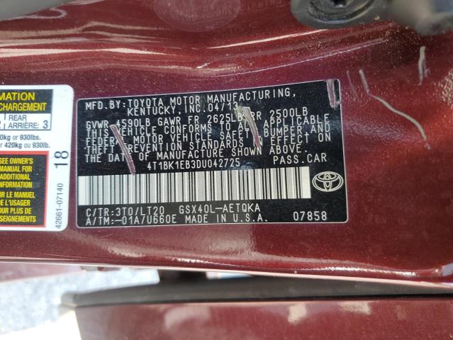 4T1BK1EB3DU042725 - 2013 TOYOTA AVALON BASE 勃艮第红 照片 12