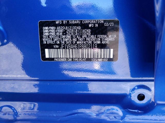 JF1VBAH61P8802119 - 2023 SUBARU WRX PREMIUM BLUE photo 13