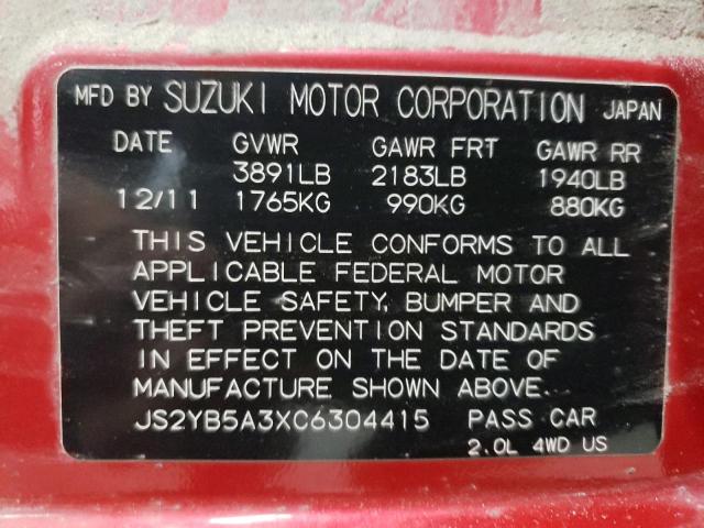 JS2YB5A3XC6304415 - 2012 SUZUKI SX4 RED photo 12