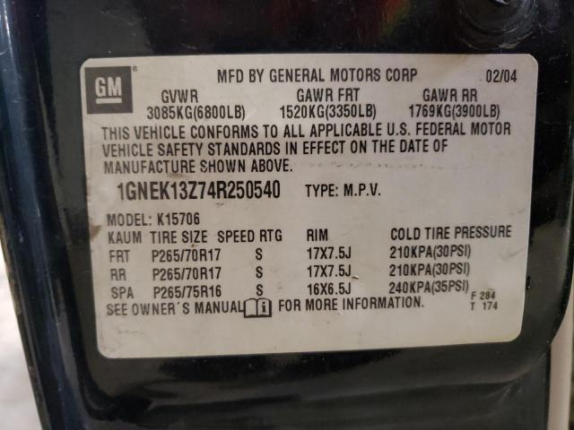 1GNEK13Z74R250540 - 2004 CHEVROLET TAHOE K1500 BLACK photo 12