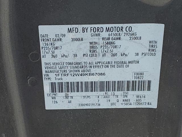 1FTRF12W49KB67086 - 2009 FORD F150 GRAY photo 12