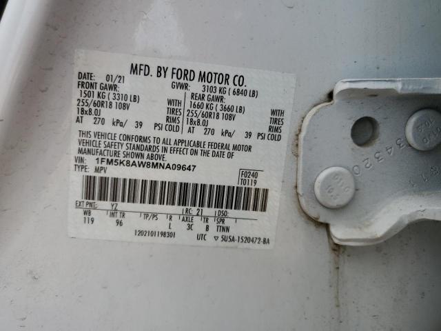 1FM5K8AW8MNA09647 - 2021 FORD EXPLORER POLICE INTERCEPTOR WHITE photo 12