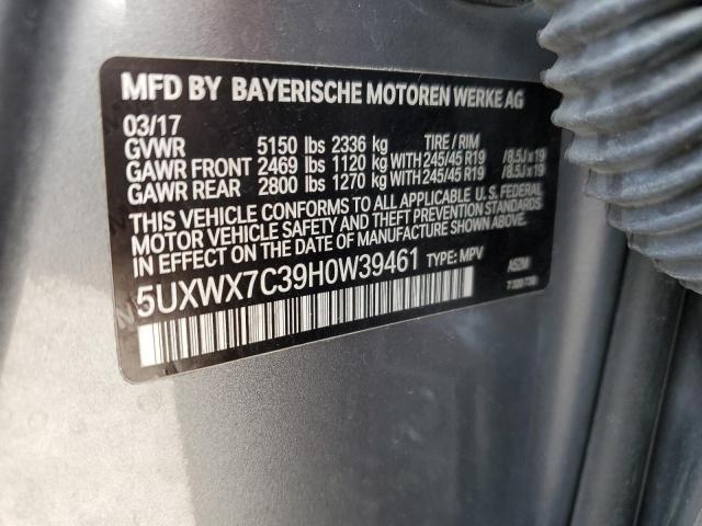 5UXWX7C39H0W39461 - 2017 BMW X3 XDRIVE35I GRAY photo 12