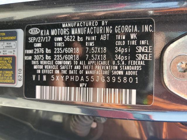 5XYPHDA55JG395801 - 2018 KIA SORENTO EX გრაფიტი ფოტო 13