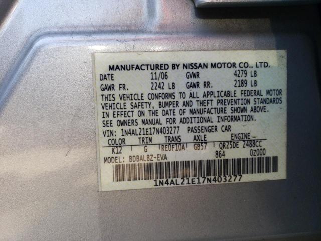 1N4AL21E17N403277 - 2007 NISSAN ALTIMA 2.5 SILVER photo 12