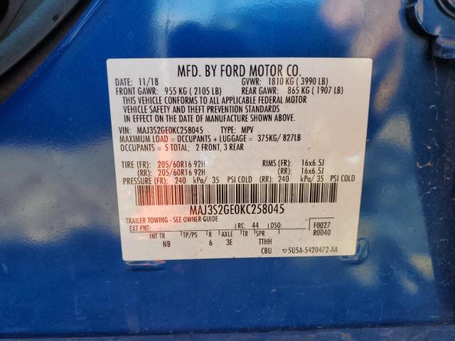 MAJ3S2GE0KC258045 - 2019 FORD ECOSPORT SE Azul foto 13