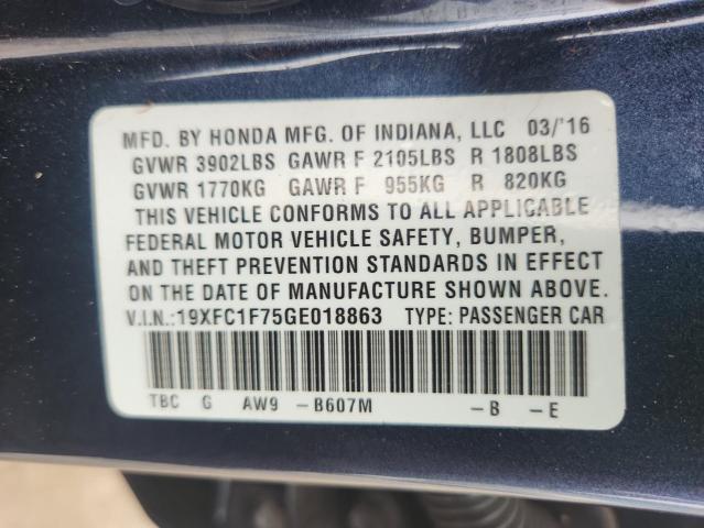 19XFC1F75GE018863 - 2016 HONDA CIVIC EXL BLUE photo 12