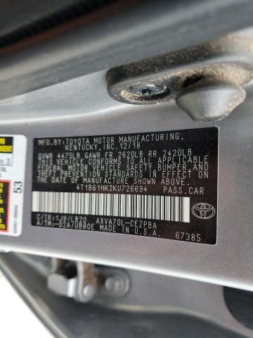 4T1B61HK2KU726694 - 2019 TOYOTA CAMRY XSE فضي صورة 12