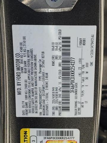 3FA6P0CDXKR254277 - 2019 FORD FUSION SEL GRAY photo 12