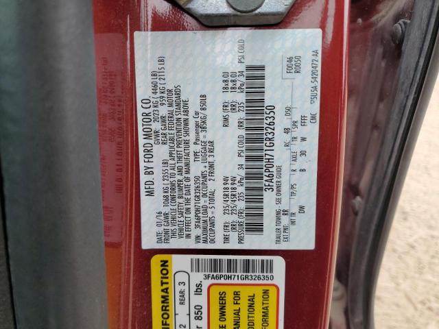 3FA6P0H71GR326350 - 2016 FORD FUSION SE RED photo 12