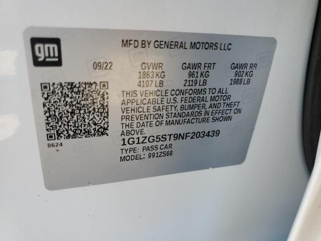 1G1ZG5ST9NF203439 - 2022 CHEVROLET MALIBU RS 白色 照片 12