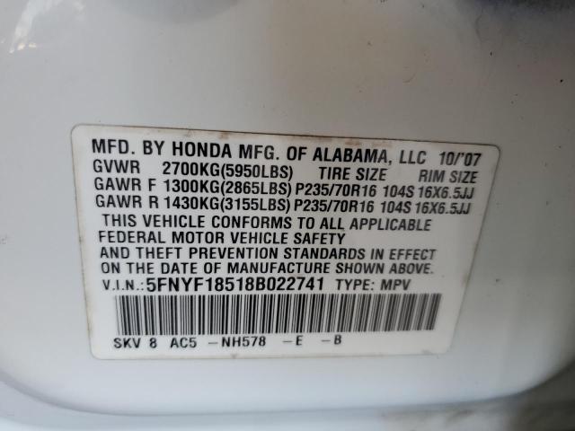 5FNYF18518B022741 - 2008 HONDA PILOT EXL WHITE photo 13