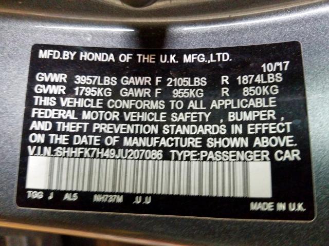 SHHFK7H49JU207086 - 2018 HONDA CIVIC SPORT  照片 10