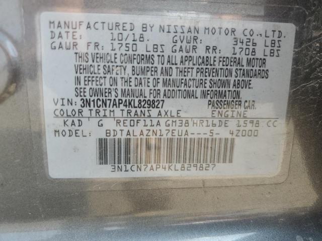 3N1CN7AP4KL829827 - 2019 NISSAN VERSA S 灰色 照片 12