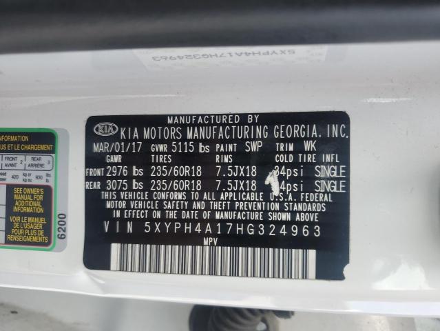 5XYPH4A17HG324963 - 2017 KIA SORENTO EX WHITE photo 13