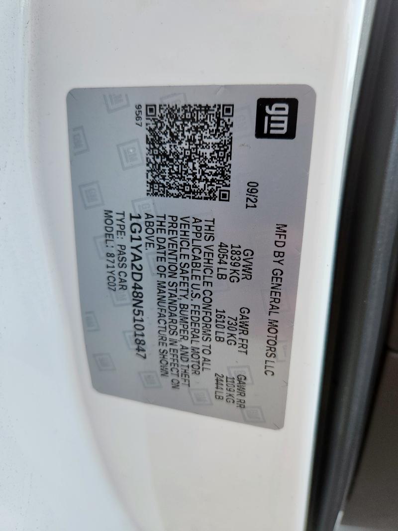 1G1YA2D48N5101847 - 2022 CHEVROLET CORVETTE STINGRAY 1LT WHITE photo 13