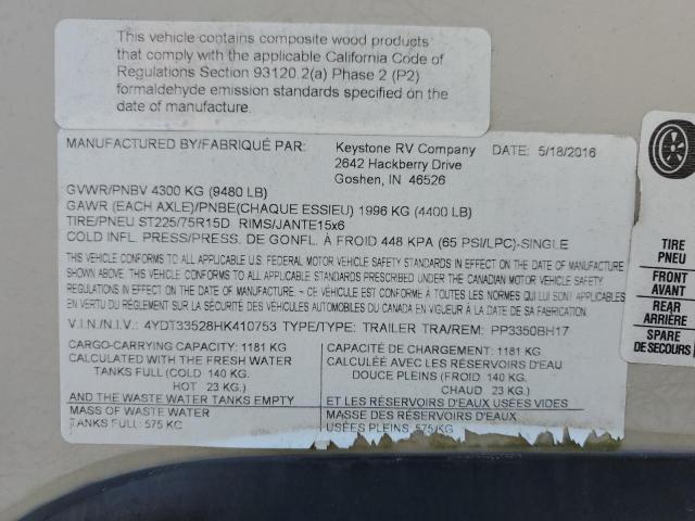 4YDT33528HK410753 - 2017 KEYSTONE PASSPORT BEIGE photo 10