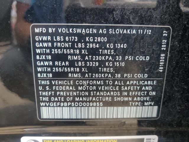 WVGEF9BP5DD009855 - 2013 VOLKSWAGEN TOUAREG V6 BLACK photo 13
