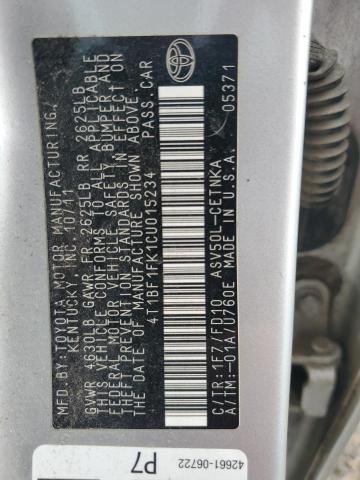 4T1BF1FK1CU015234 - 2012 TOYOTA CAMRY BASE 银色 照片 12