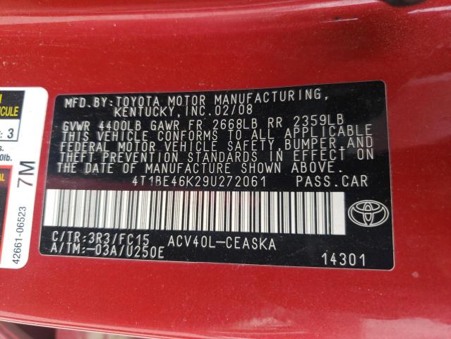 4T1BE46K29U272061 - 2009 TOYOTA CAMRY BASE RED photo 12