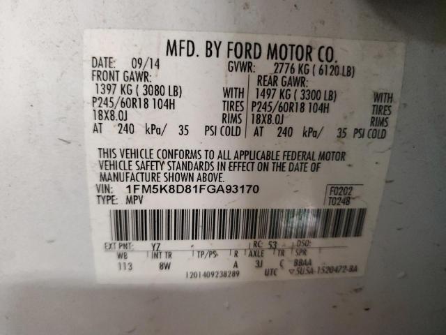 1FM5K8D81FGA93170 - 2015 FORD EXPLORER XLT WHITE photo 12