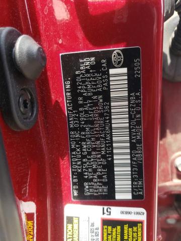 4T1C11AK6MU447362 - 2021 TOYOTA CAMRY LE RED photo 12