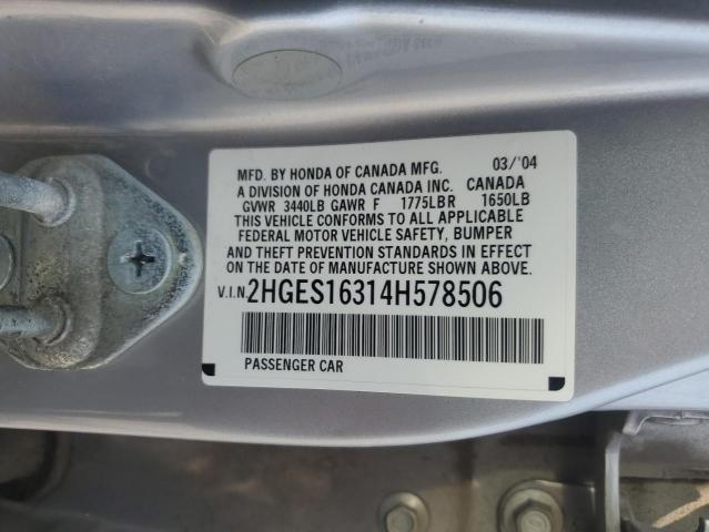 2HGES16314H578506 - 2004 HONDA CIVIC DX VP SILVER photo 12