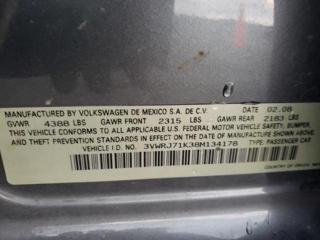 3VWRJ71K38M134178 - 2008 VOLKSWAGEN JETTA WOLFSBURG 灰色 照片 12