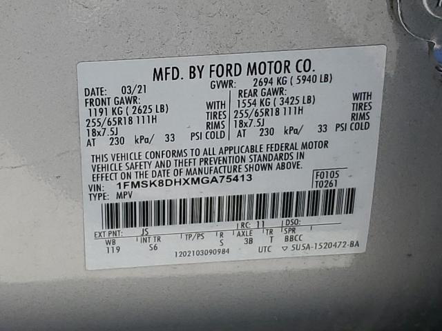 1FMSK8DHXMGA75413 - 2021 FORD EXPLORER XLT SILVER photo 13