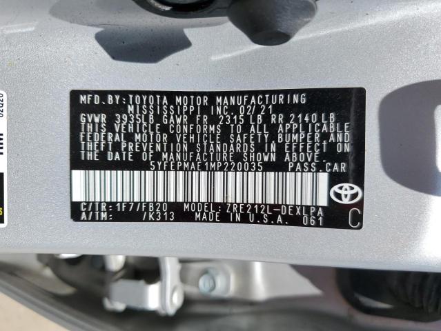 5YFEPMAE1MP220035 - 2021 TOYOTA COROLLA LE SILVER photo 12