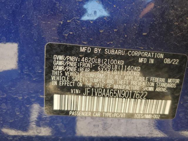 JF1VBAA65N9017622 - 2022 SUBARU WRX BLUE photo 12