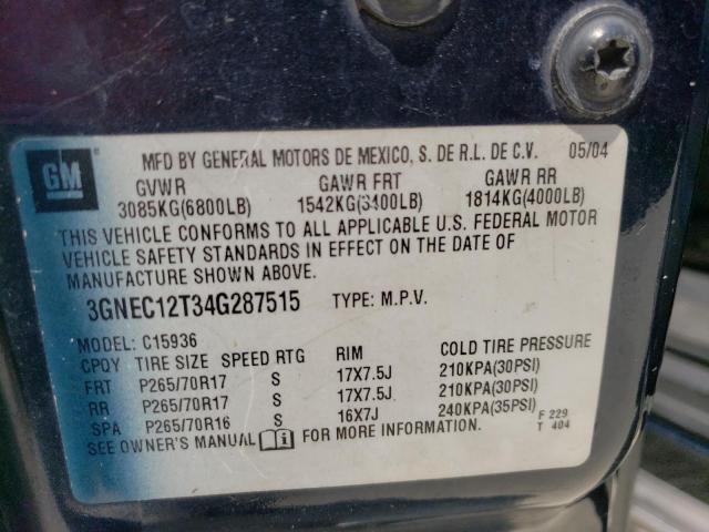 3GNEC12T34G287515 - 2004 CHEVROLET AVALANCHE C1500 BLUE photo 12