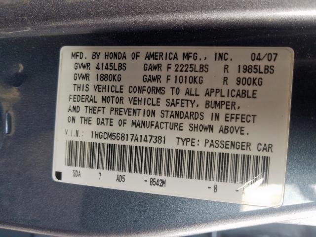 1HGCM56817A147381 - 2007 HONDA ACCORD EX  photo 10