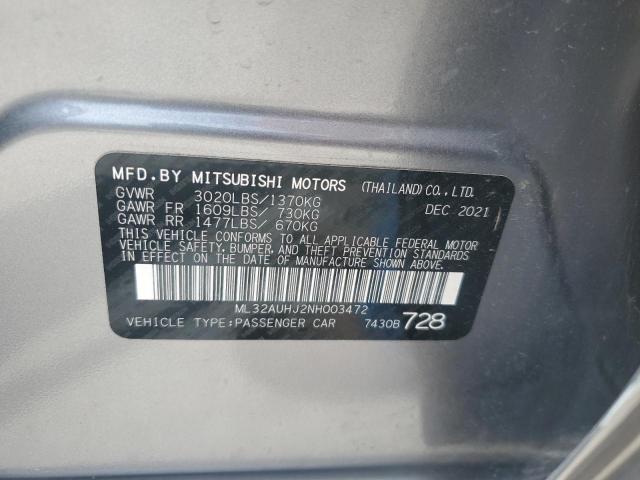 ML32AUHJ2NH003472 - 2022 MITSUBISHI MIRAGE ES GRAY photo 12