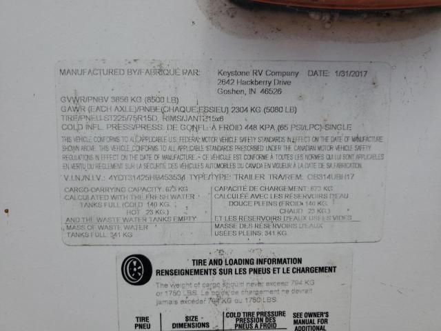 4YDT31425HB453534 - 2017 KEYSTONE OUTBACK أبيض صورة 10