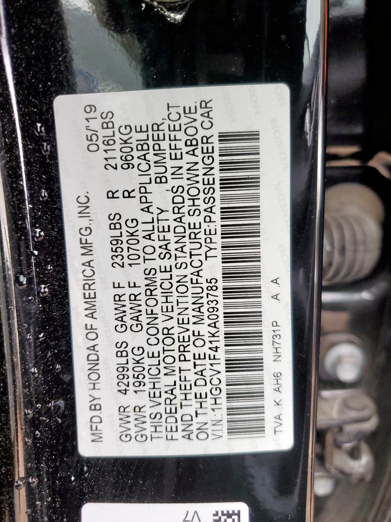 1HGCV1F41KA093785 - 2019 HONDA ACCORD EX Черный фото 13
