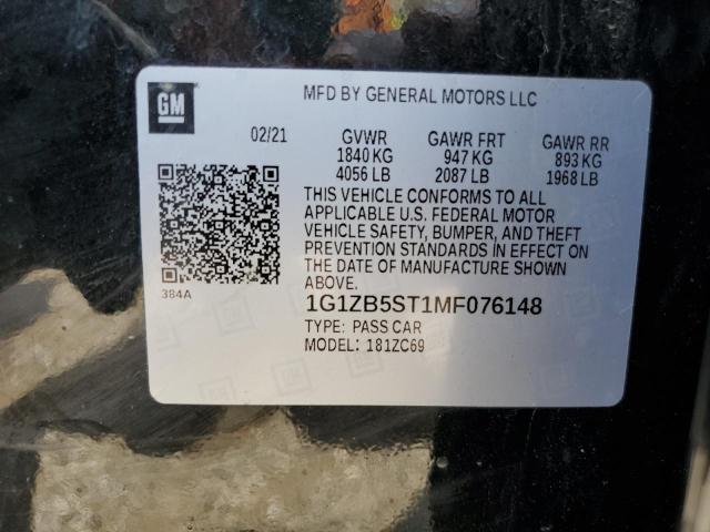 1G1ZB5ST1MF076148 - 2021 CHEVROLET MALIBU LS BLACK photo 12