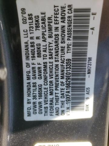 19XFA16629E013359 - 2009 HONDA CIVIC LX-S Գրաֆիտ լուսանկար 12