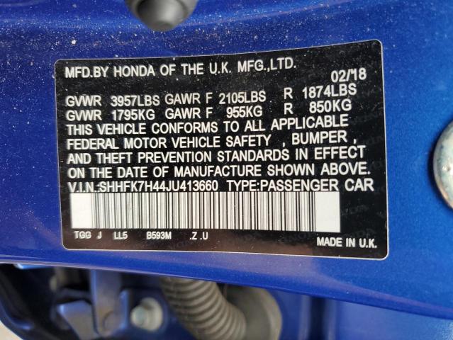 SHHFK7H44JU413660 - 2018 HONDA CIVIC SPORT 蓝色 照片 12