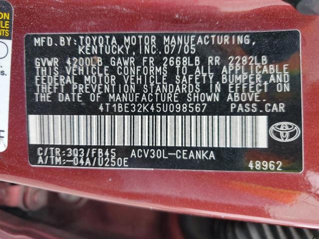 4T1BE32K45U098567 - 2005 TOYOTA CAMRY LE BURGUNDY photo 13