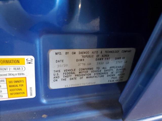 KL1TD66617B739108 - 2007 CHEVROLET AVEO BASE BLUE photo 12