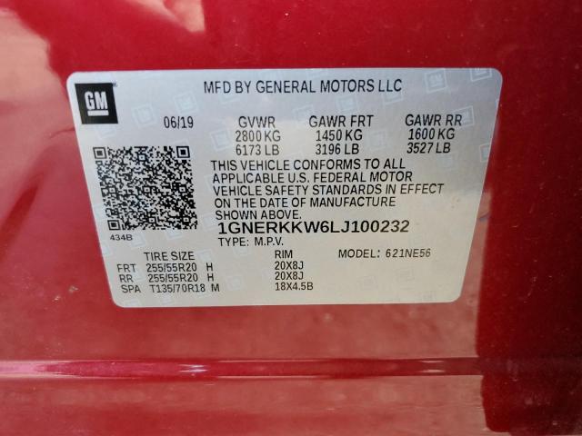 1GNERKKW6LJ100232 - 2020 CHEVROLET TRAVERSE PREMIER RED photo 14