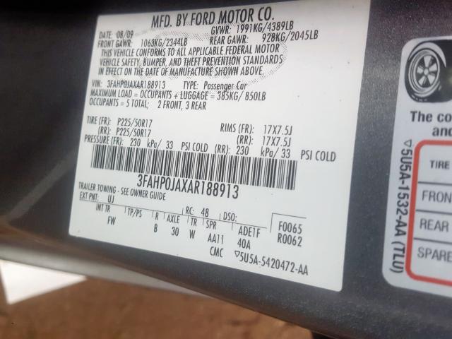 3FAHP0JAXAR188913 - 2010 FORD FUSION SEL  photo 10