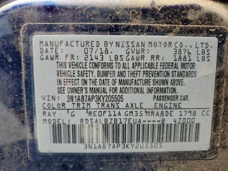 3N1AB7AP3KY205505 - 2019 NISSAN SENTRA S BLUE photo 12