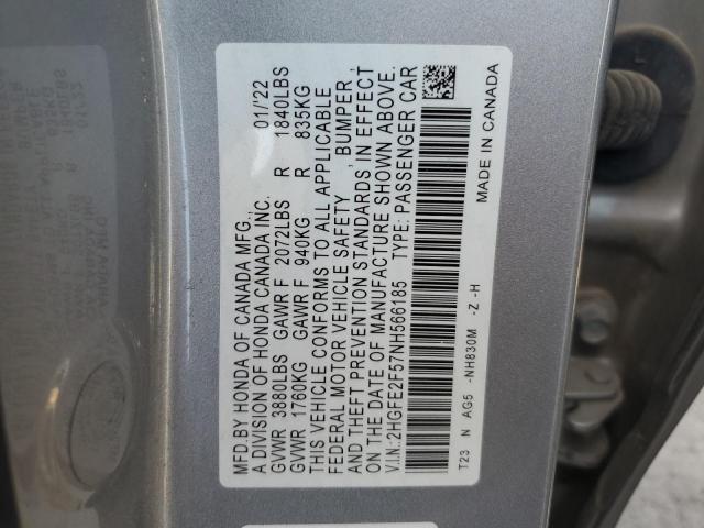 2HGFE2F57NH566185 - 2022 HONDA CIVIC SPORT ვერცხლისფერი ფოტო 12