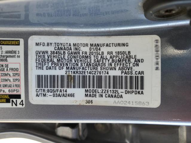 2T1KR32E14C276174 - 2004 TOYOTA COROLLA MA XR BLUE photo 12