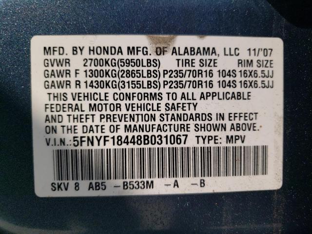 5FNYF18448B031067 - 2008 HONDA PILOT EX BLUE photo 13